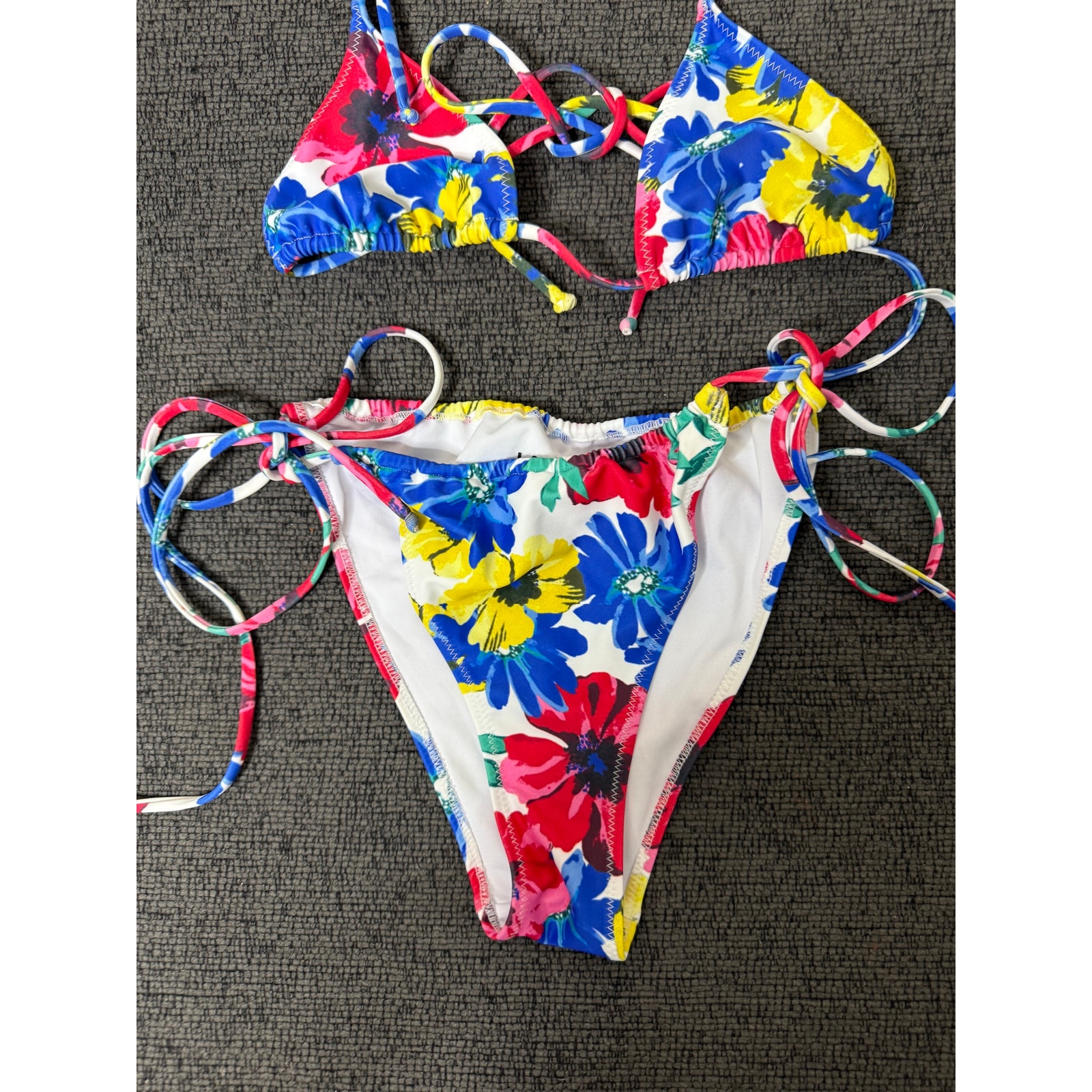 Loleia Floral Triangle String Bikini Set Tropical Resort Swim Top S Bottom L — image 4 of 8